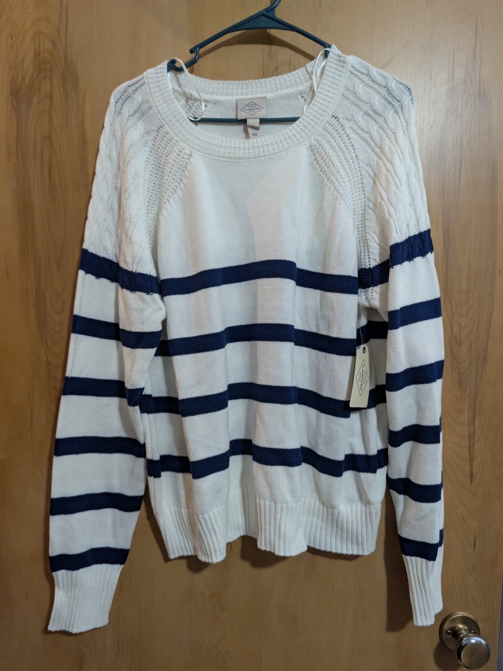 St. John's Bay White & Navy Striped Crewneck Sweater